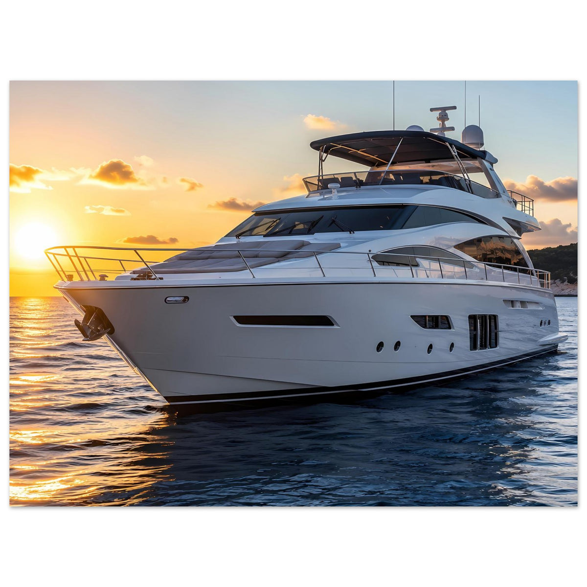 Poster mit weißer Yacht im Sonnenuntergang, Vorderansicht mit Reling und Aufbauten