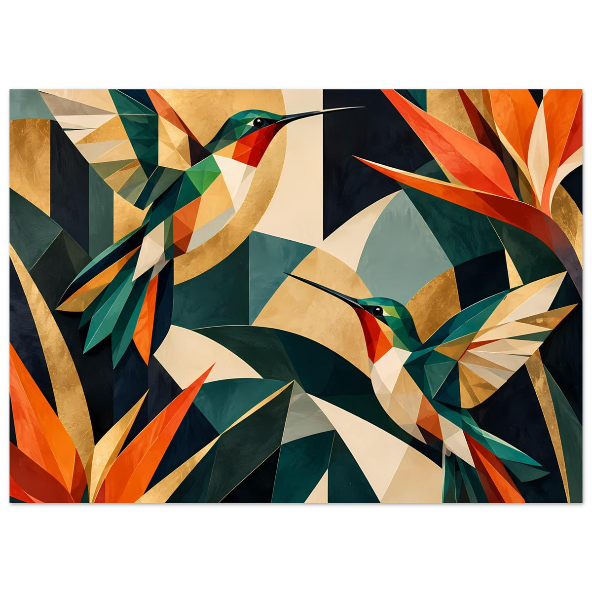Horizontales Kunstposter mit Kolibris im geometrischen Stil und farbigen Blattspitzen