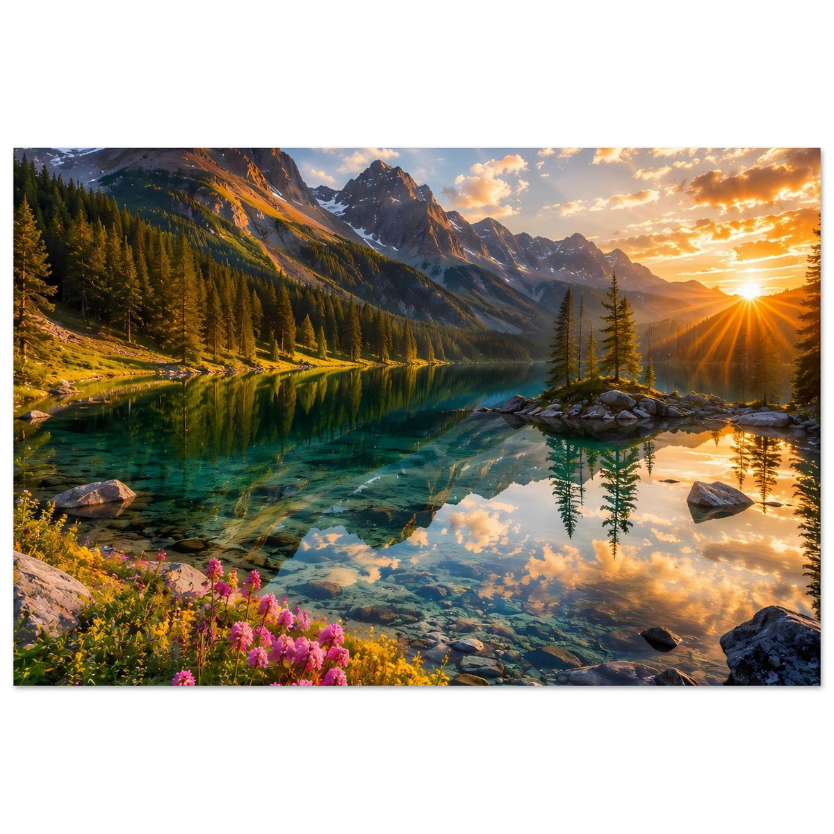 Vertikales Landschaftsposter mit Alpensee, Reflektionen, Tannenbaum-Insel und violetten Blüten