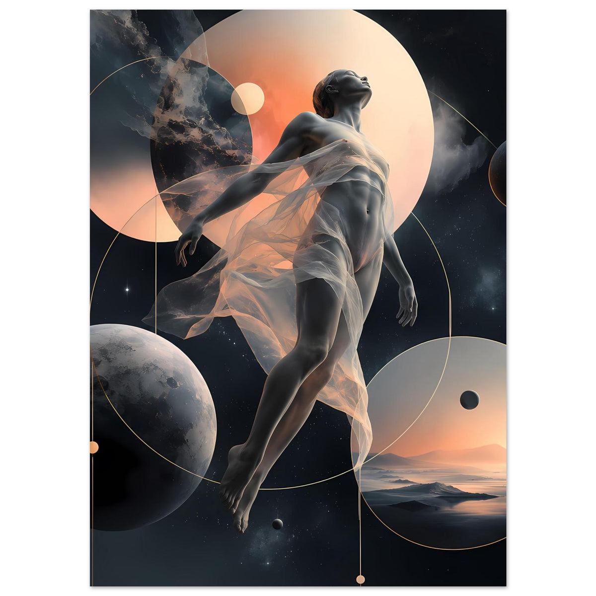 Poster mit abstrakter Himmelsfigur, Sonne im Hintergrund und Planetenformen mit Kreislinien
