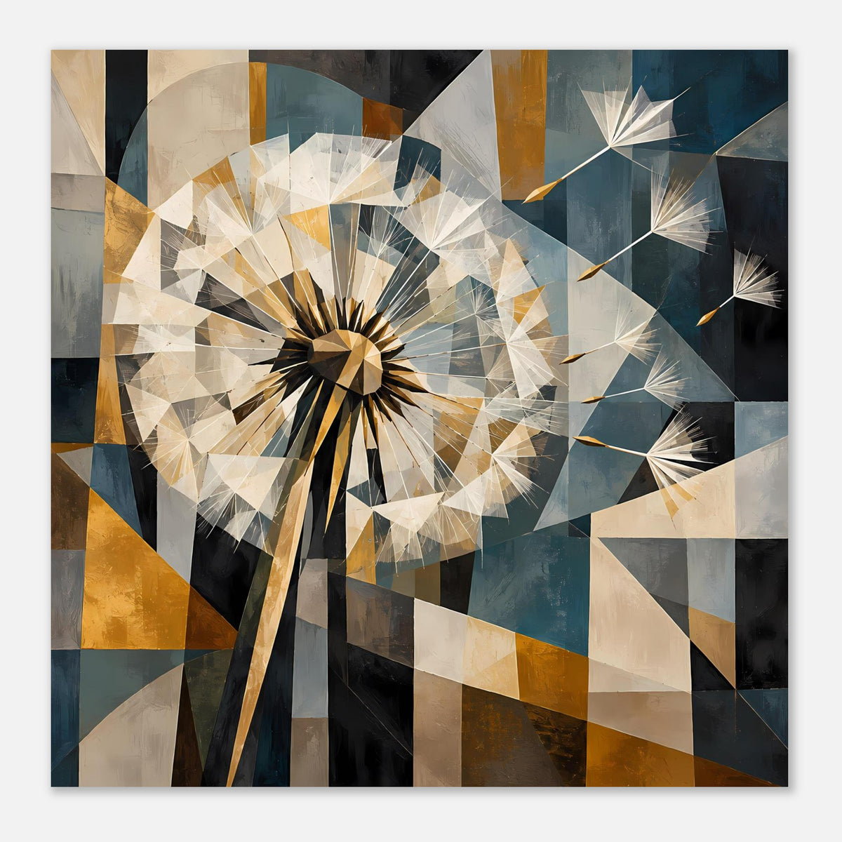 Quadratisches geometrisches Pusteblumen-Poster mit polygonaler Blüte, goldene und blaue Segmente