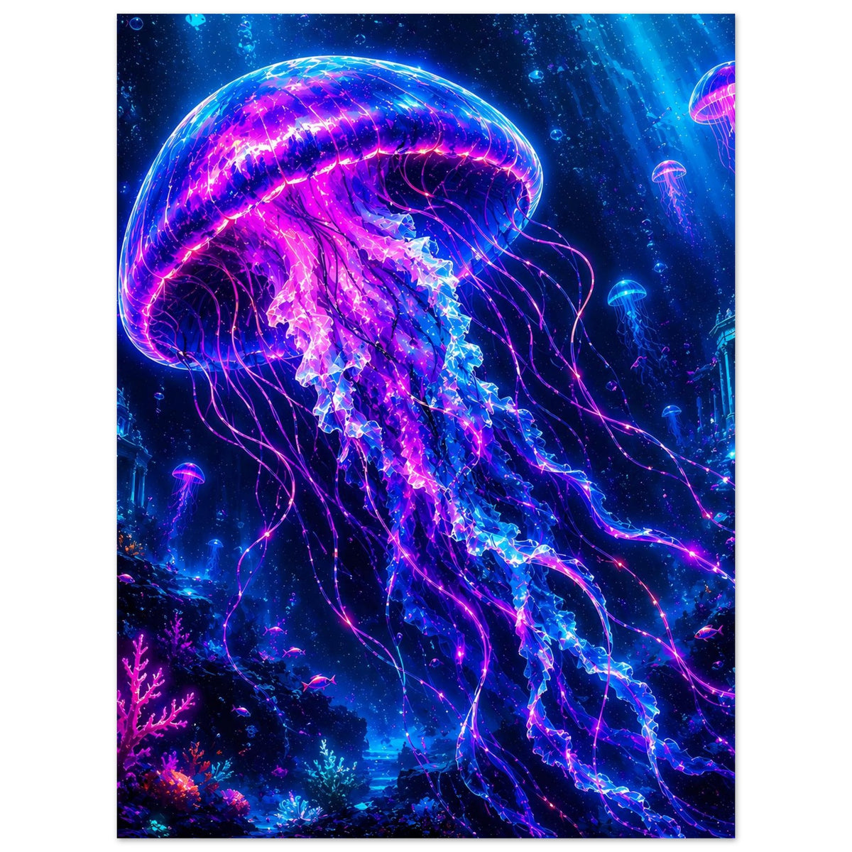 Poster mit leuchtender Qualle, große violettblaue Glocke und schimmernde Tentakel