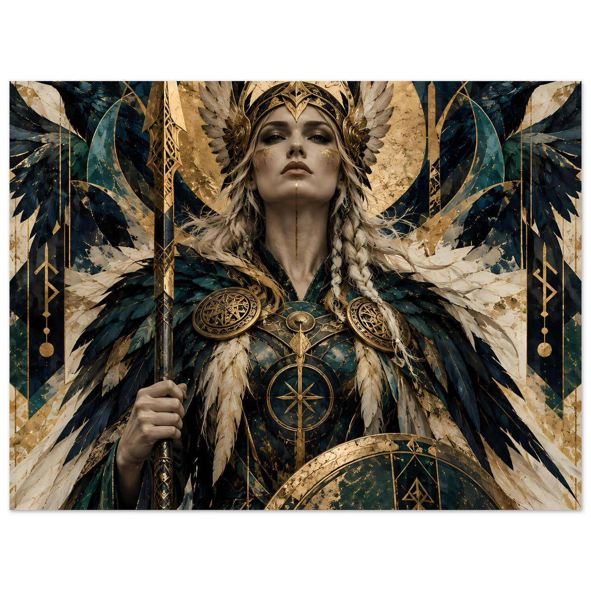 Wikinger-Poster im Querformat: Frau mit goldenen Flügeln, blauem Umhang und Schildrand