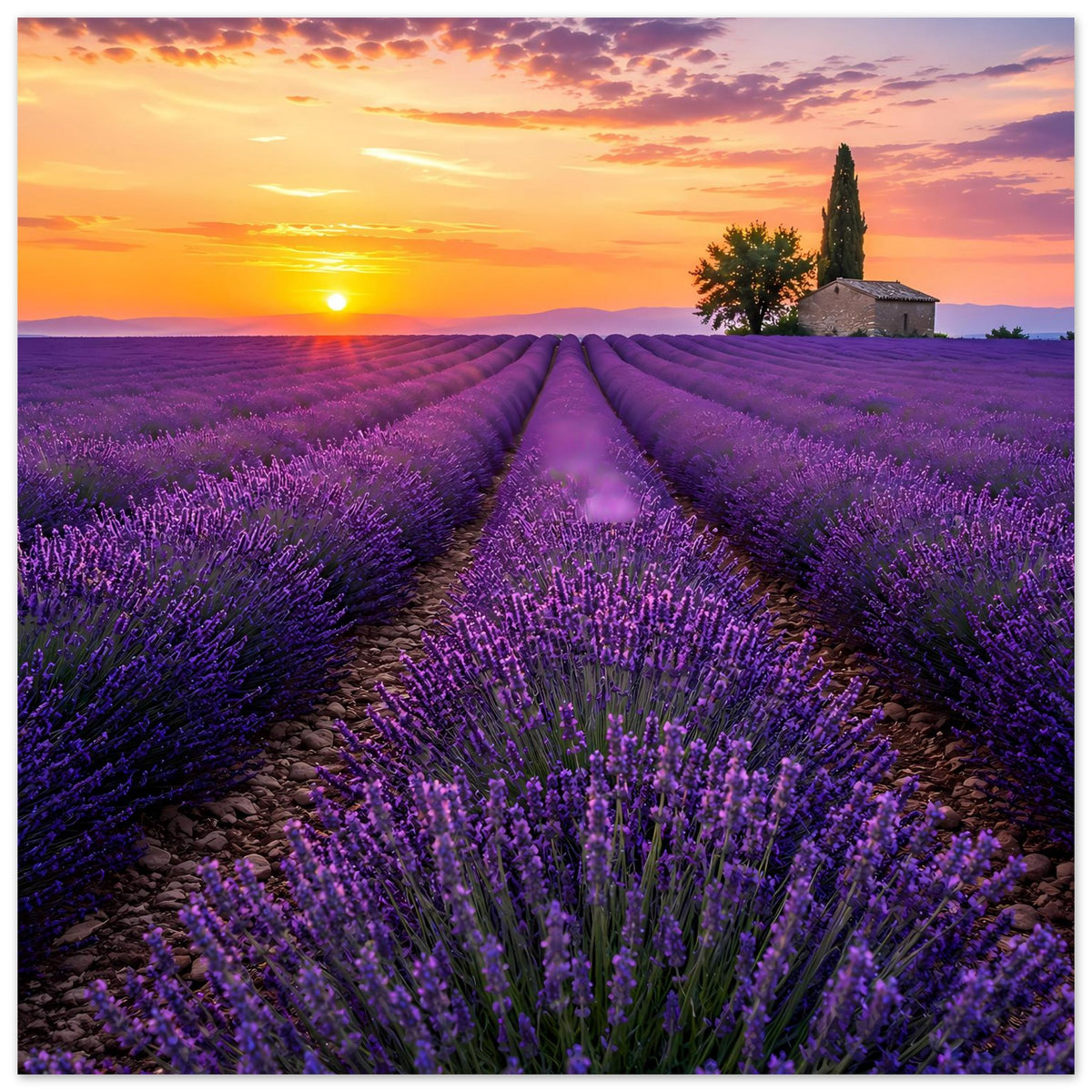 Vertikales Lavendel-Feldposter mit Sonnenuntergang, lila Pflanzenreihen und Pfad