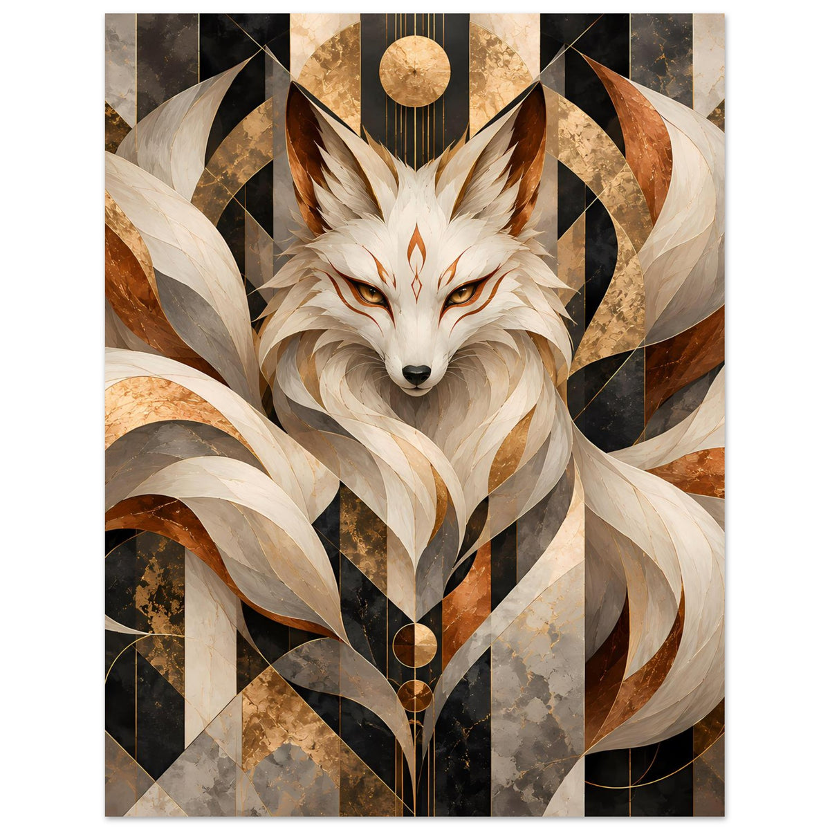 Geometrisches Fuchs-Poster mit frontalem Fuchskopf, Wirbelbändern in Creme, Braun und Schwarz
