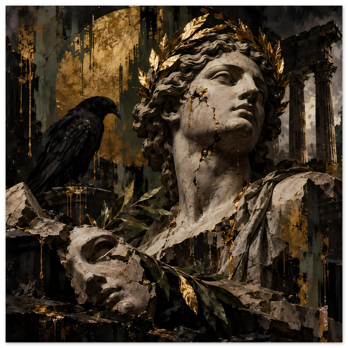 Barockes Poster: Statue mit Lorbeerkranz, goldenen Akzenten und schwarzem Vogel