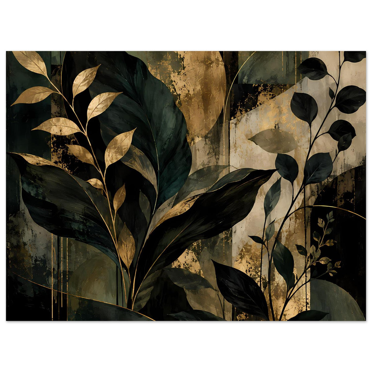 Kunstposter im Querformat mit botanischer Komposition: dunkelgrün, Schwarz und Gold