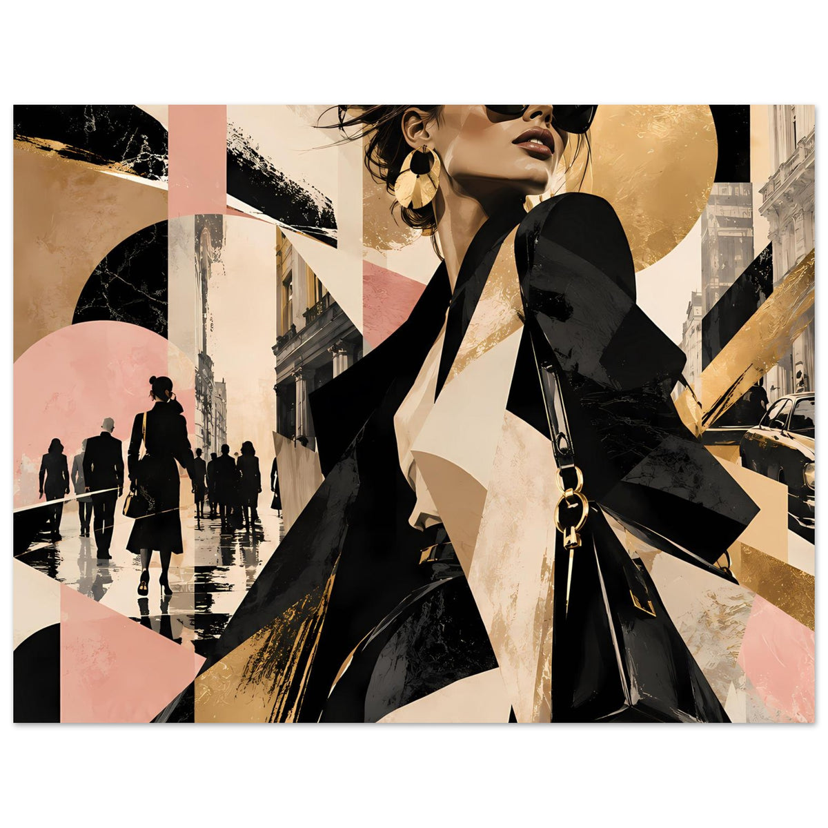Mode-Poster: Nahansicht der Frau mit Sonnenbrille, gold-rosa Akzente, urbaner Stil