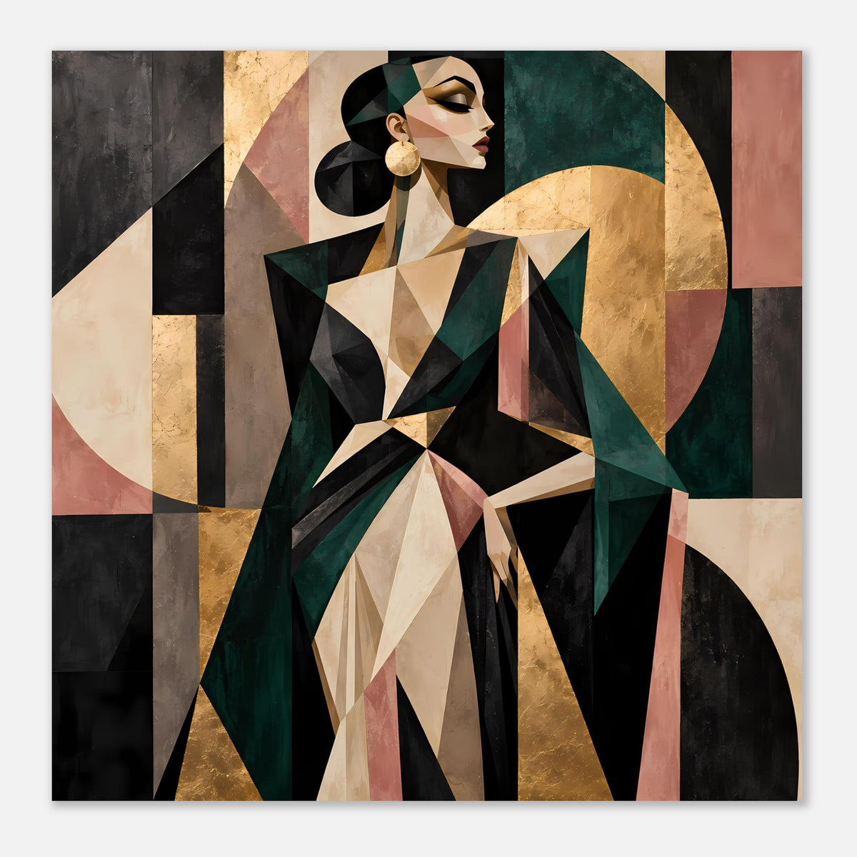 Abstraktes Poster im Querformat mit geometrischer Frauenfigur und goldenen Kreisformen