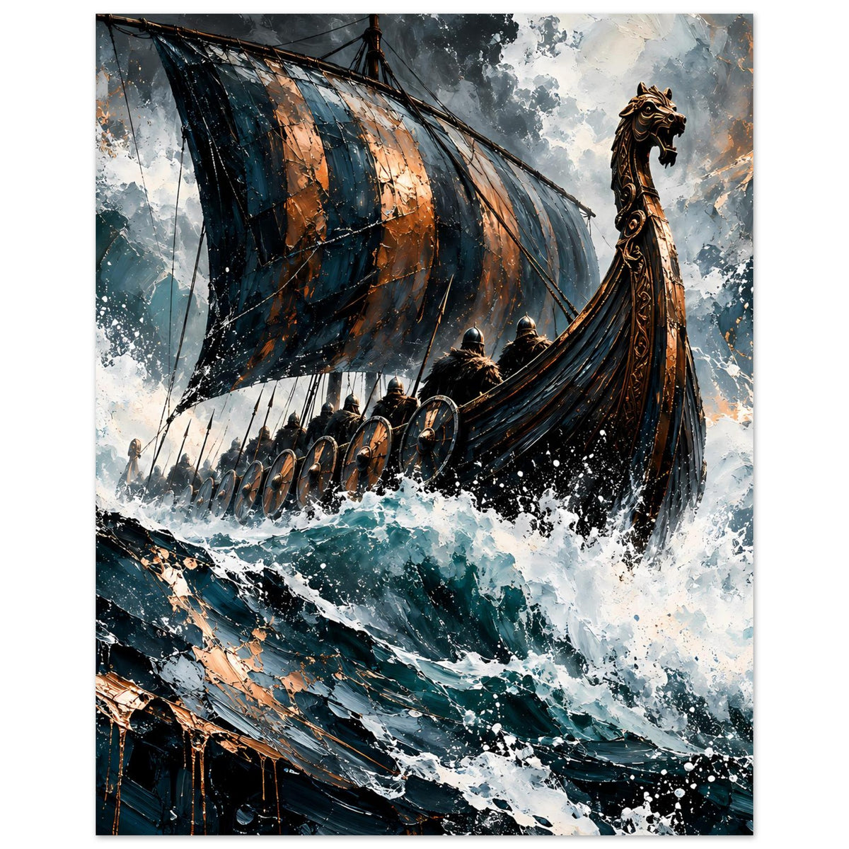 Wikinger-Longship Poster: Schiffsbug mit Kriegerreihe, Segel und stürmischen Wellen in Dunkelblau
