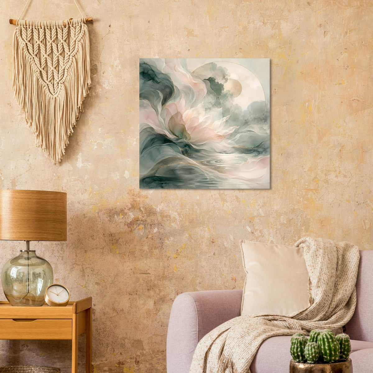Wandposter mit pastelligen Blumendetails und abstrakten Wellen in Grün und Rosa auf Papier