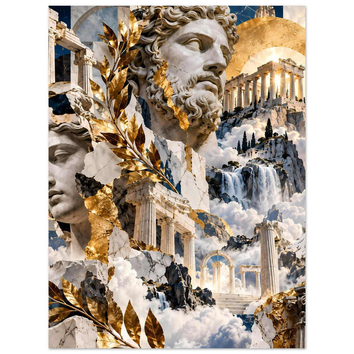 Griechisches Mythologie-Collageposter mit Statue, Säulen, Wasserfall-Landschaft und goldenen Details