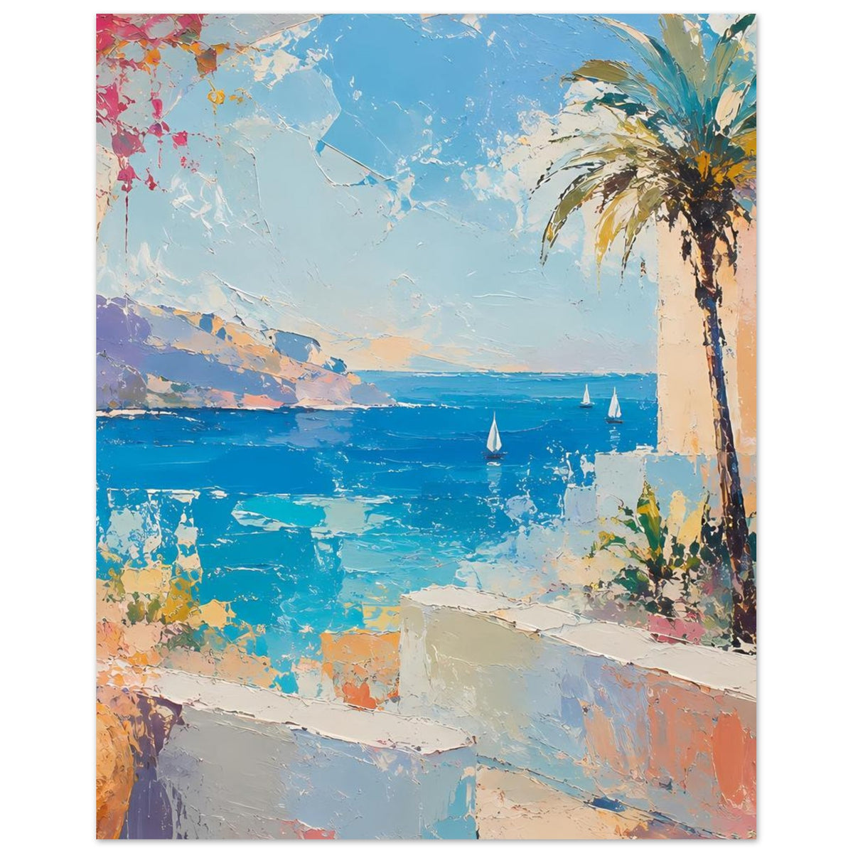 Sommerposter mit blauem Wasser, Palme rechts und Segelbooten, abstrakte Landschaft mit Mauer