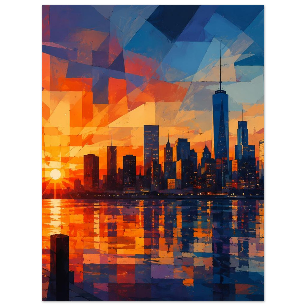 Vertikales Poster mit urbaner Skyline bei Sonnenuntergang, geometrische Farbblöcke und Reflexion