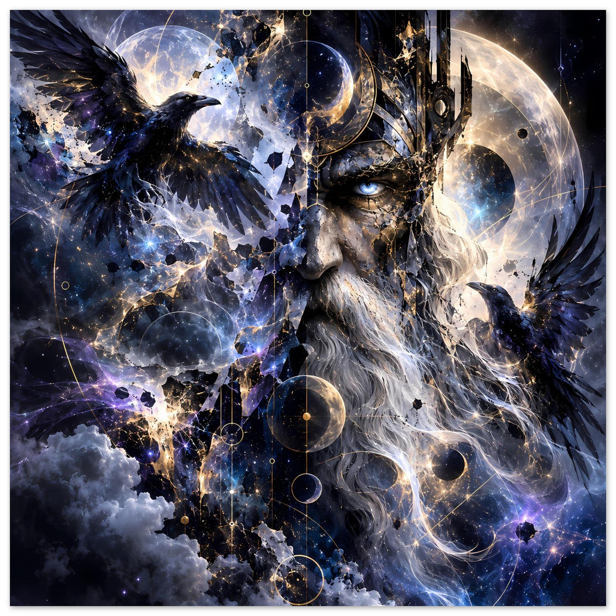 Fantasy-Poster mit König und Rabe, Halbmond, Sternenstaub und goldblauem Nebelglanz