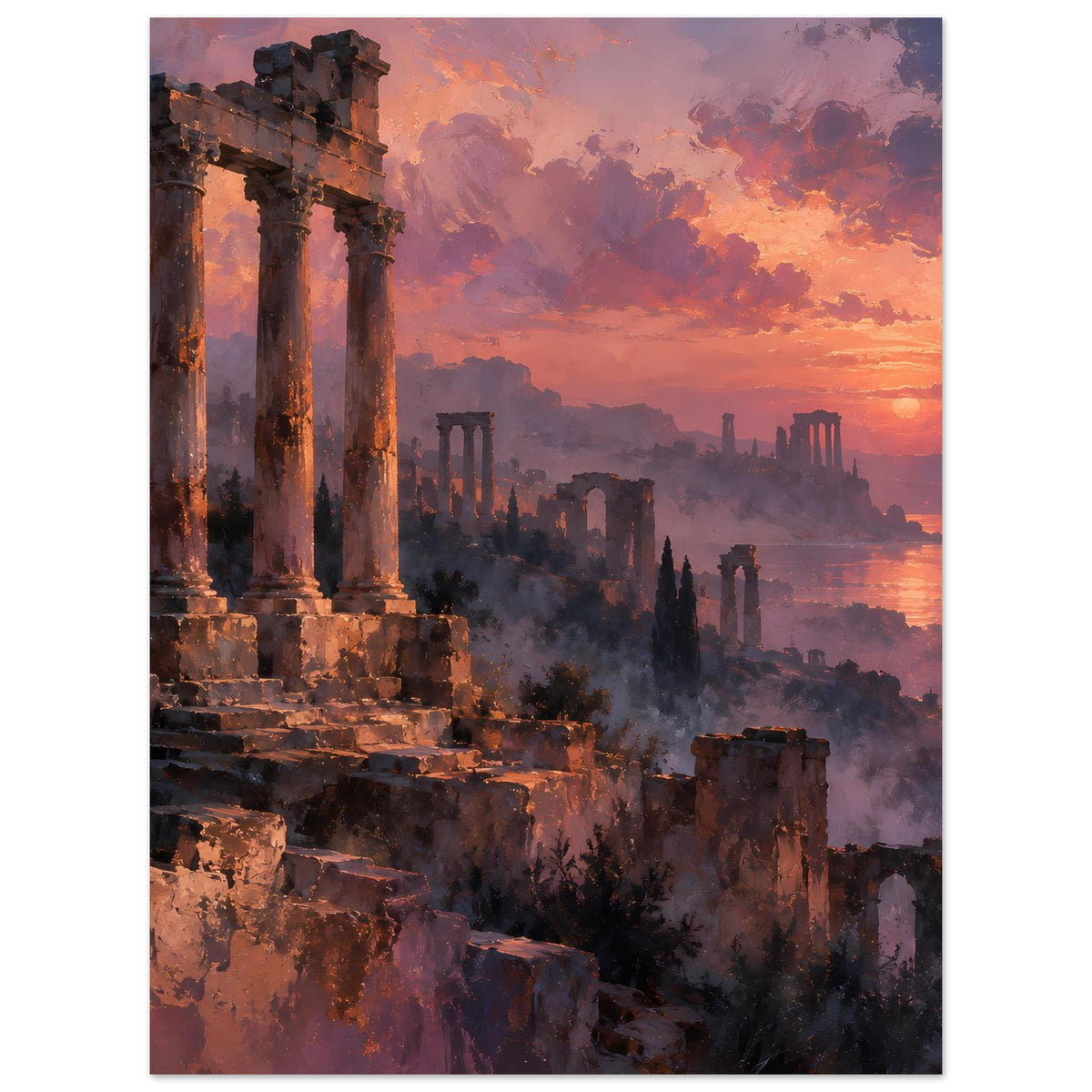 Poster mit Ruinen und Sonnenuntergang, orangegelbe Sonne am Horizont, violetter Dunst
