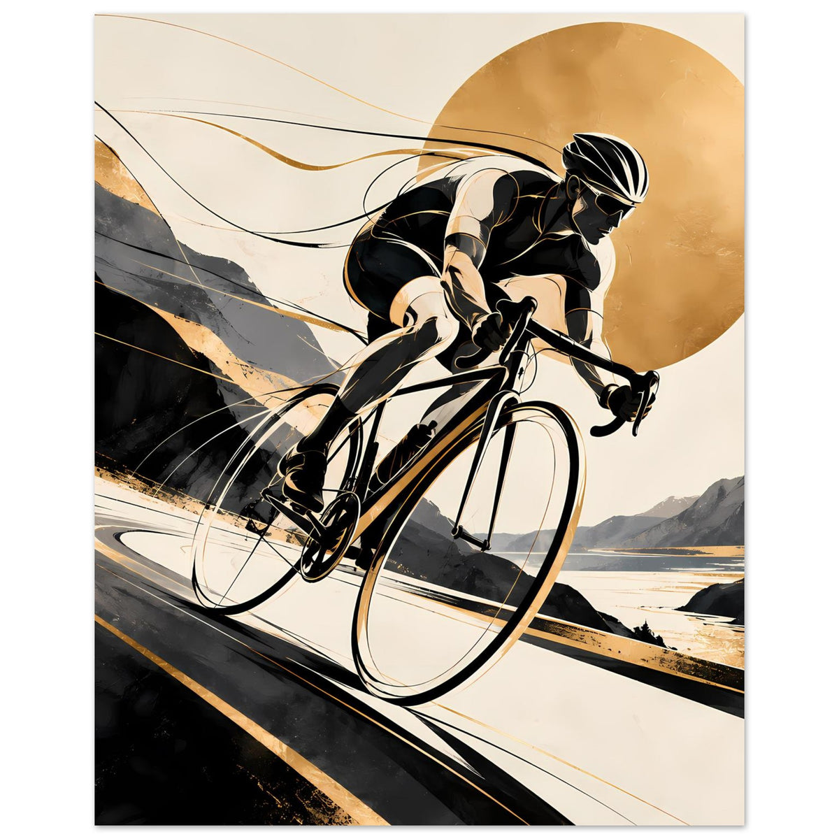 Sportposter: Rennradfahrer-Illustration in Schwarz und Gold, Torso und Hinterrad klar erkennbar