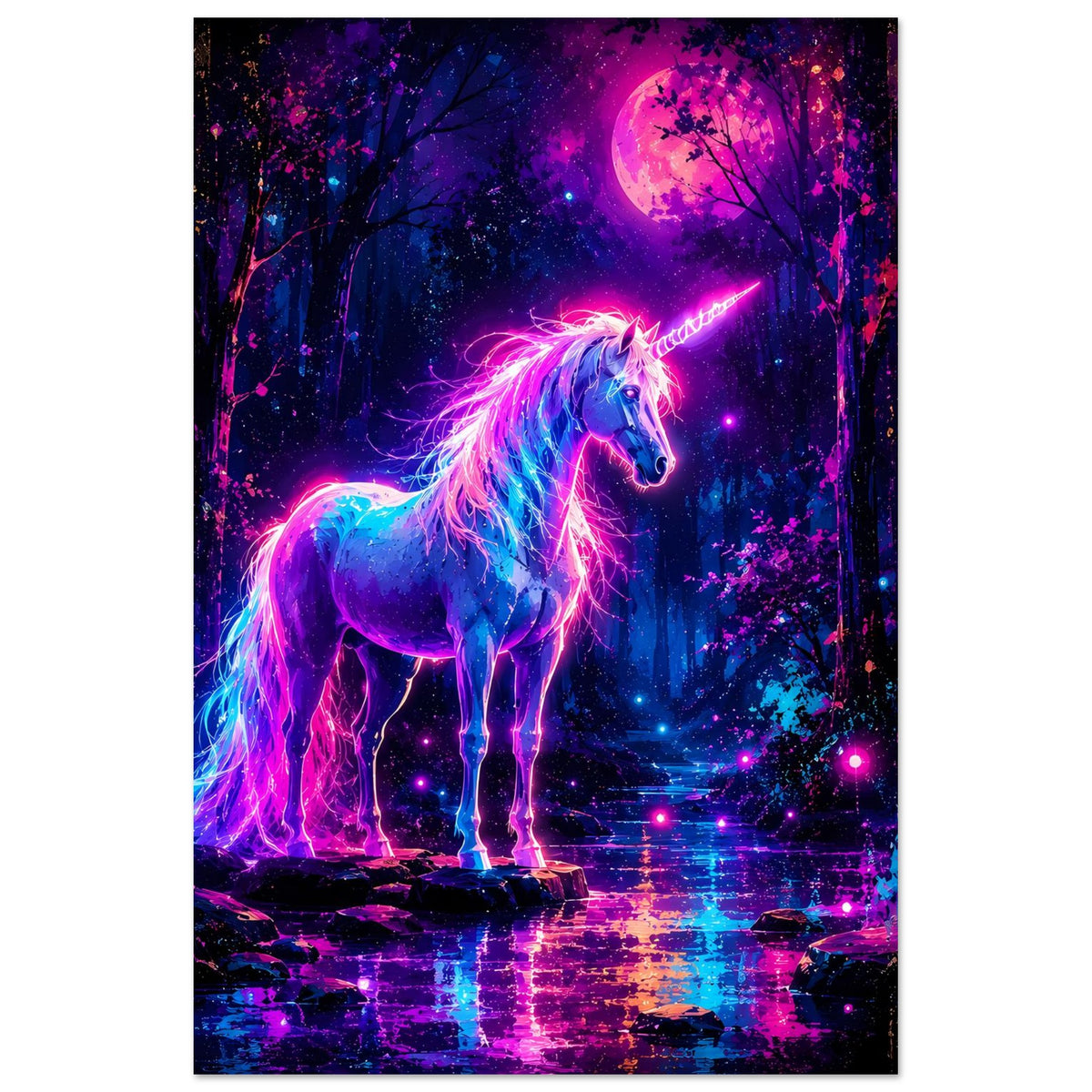 Poster eines leuchtenden Einhorns, farbige Energie aus Mähne und Horn