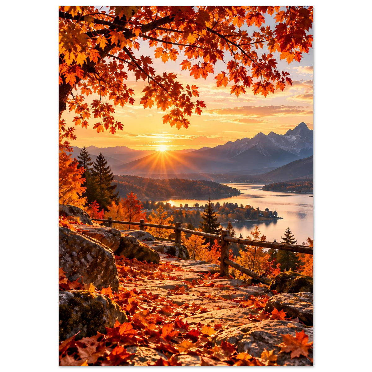 Herbstlandschafts-Poster im Hochformat: Sonnenuntergang über Bergen, Seeufer, Baumäste mit Blättern