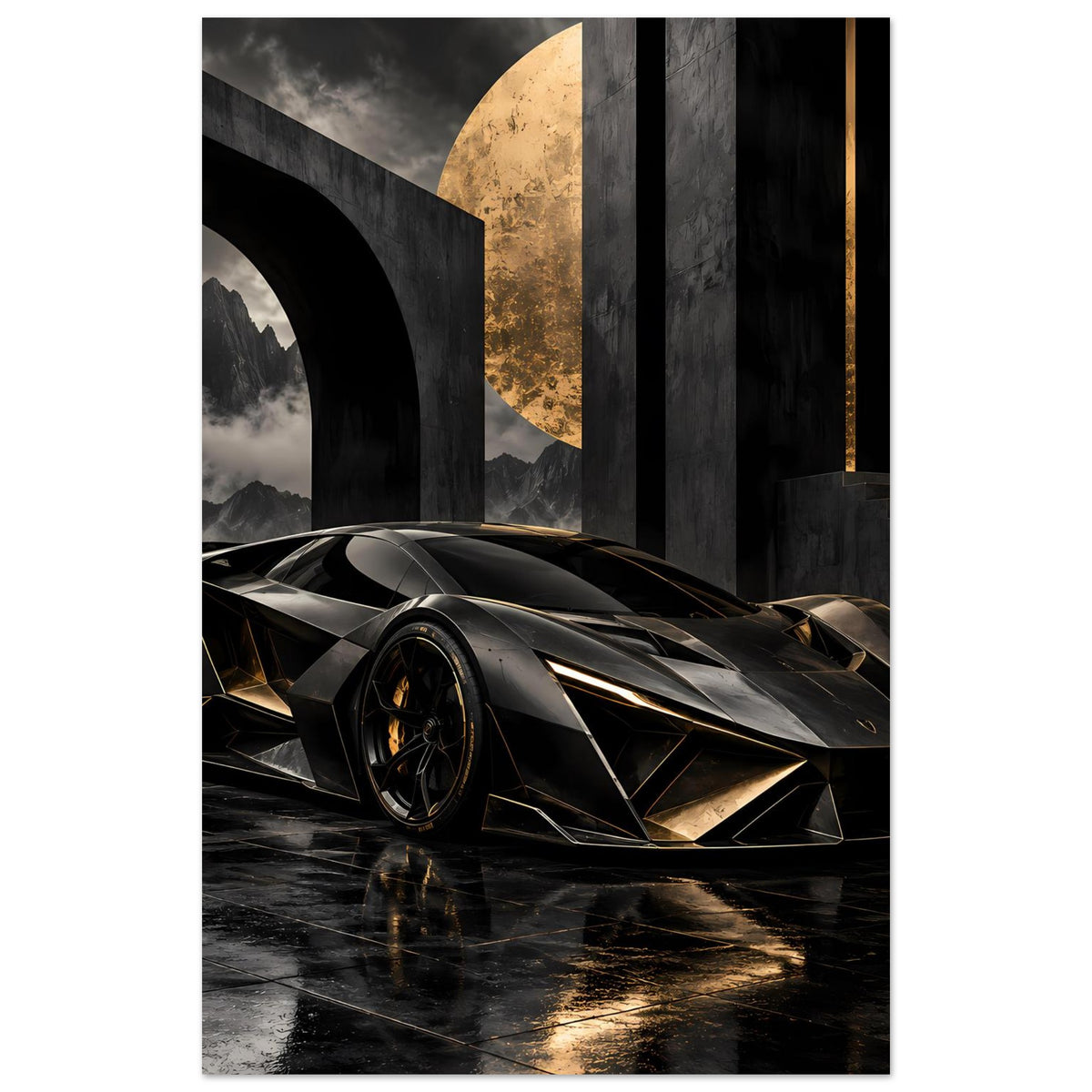 Poster mit futuristischem Supersportwagen in Schwarz und Gold, Front-3/4, scharfe Linien