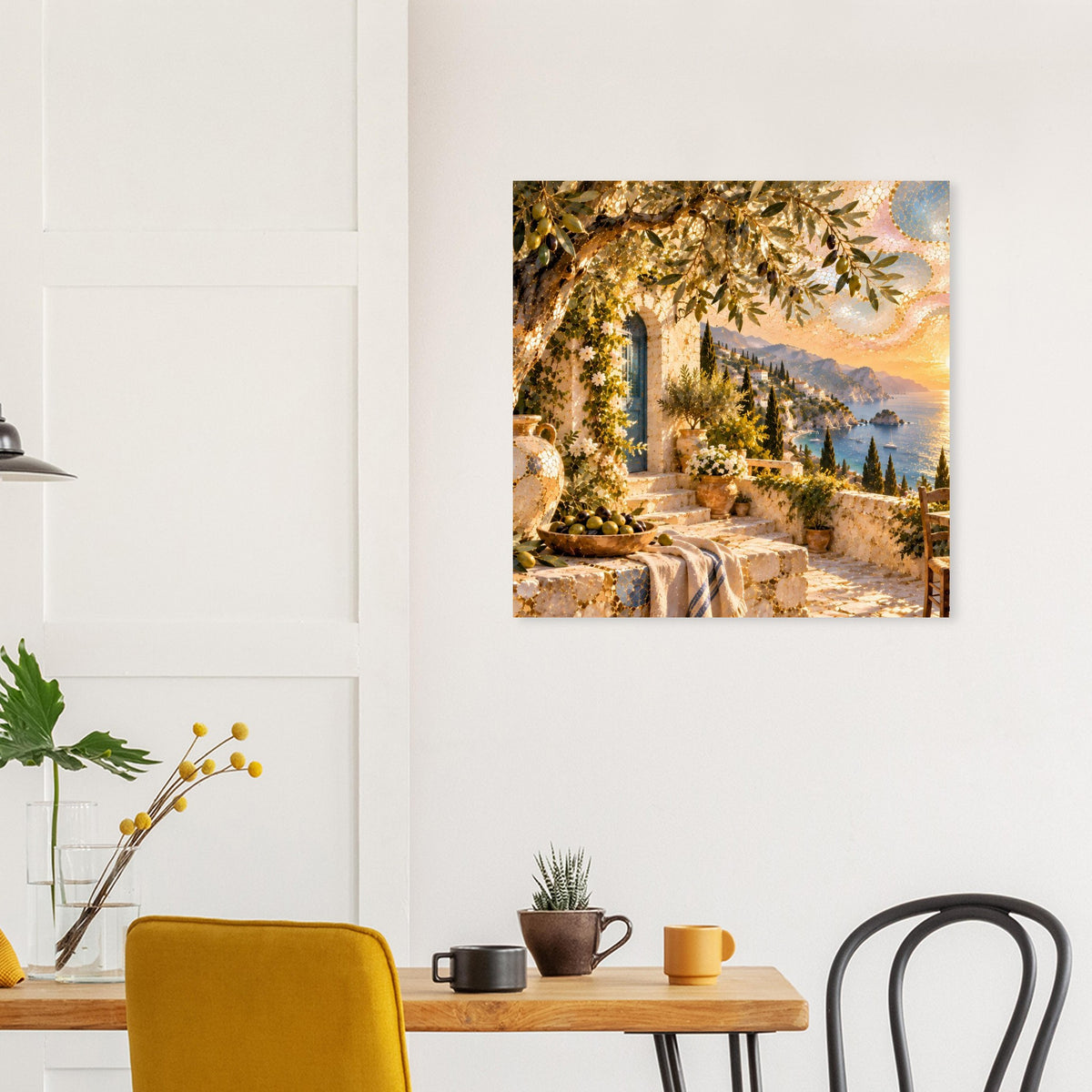 Mosaikkunst-Print: mediterraner Pfad mit Olivenbäumen, Felsenmauer und goldenem Abendlicht