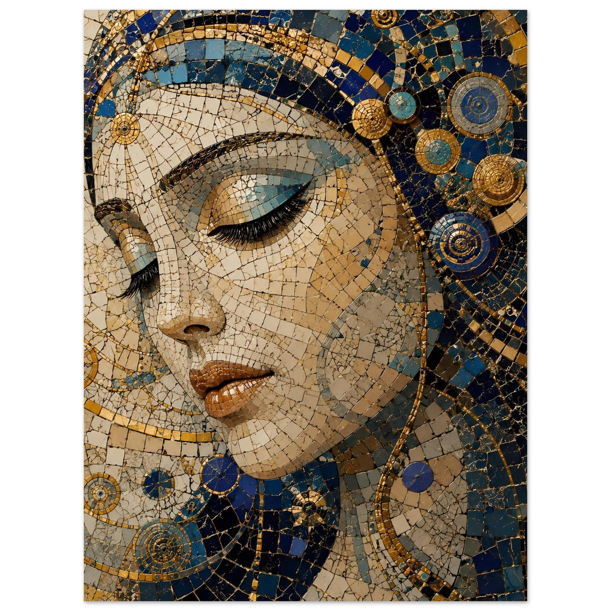Vertikales Mosaik-Porträtposter: Frau im Profil mit goldenen Akzenten und blauem Hintergrund