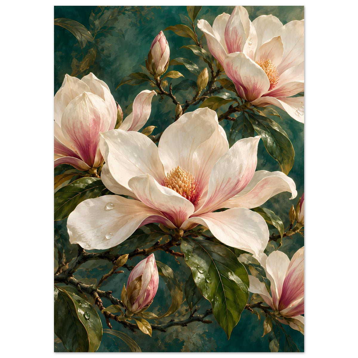 Blumenposter mit zentraler Magnolienblüte in Creme und Rosa, umgeben von Knospen