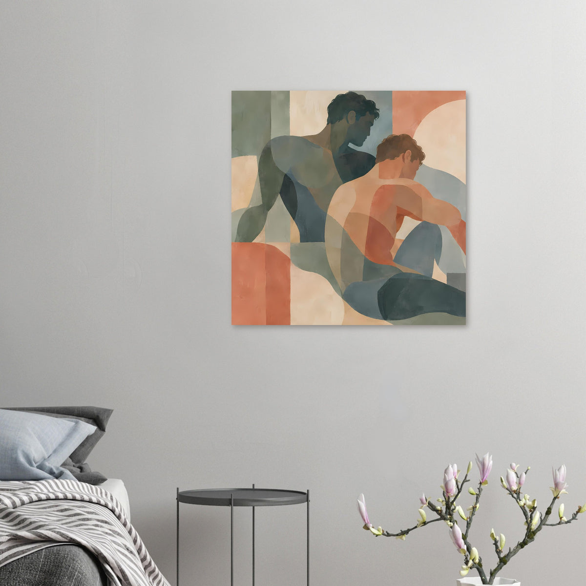 Kleiner Kunstdruck mit abstrakten zwei Figuren in warmen Erdtönen, horizontal, mit Rahmen