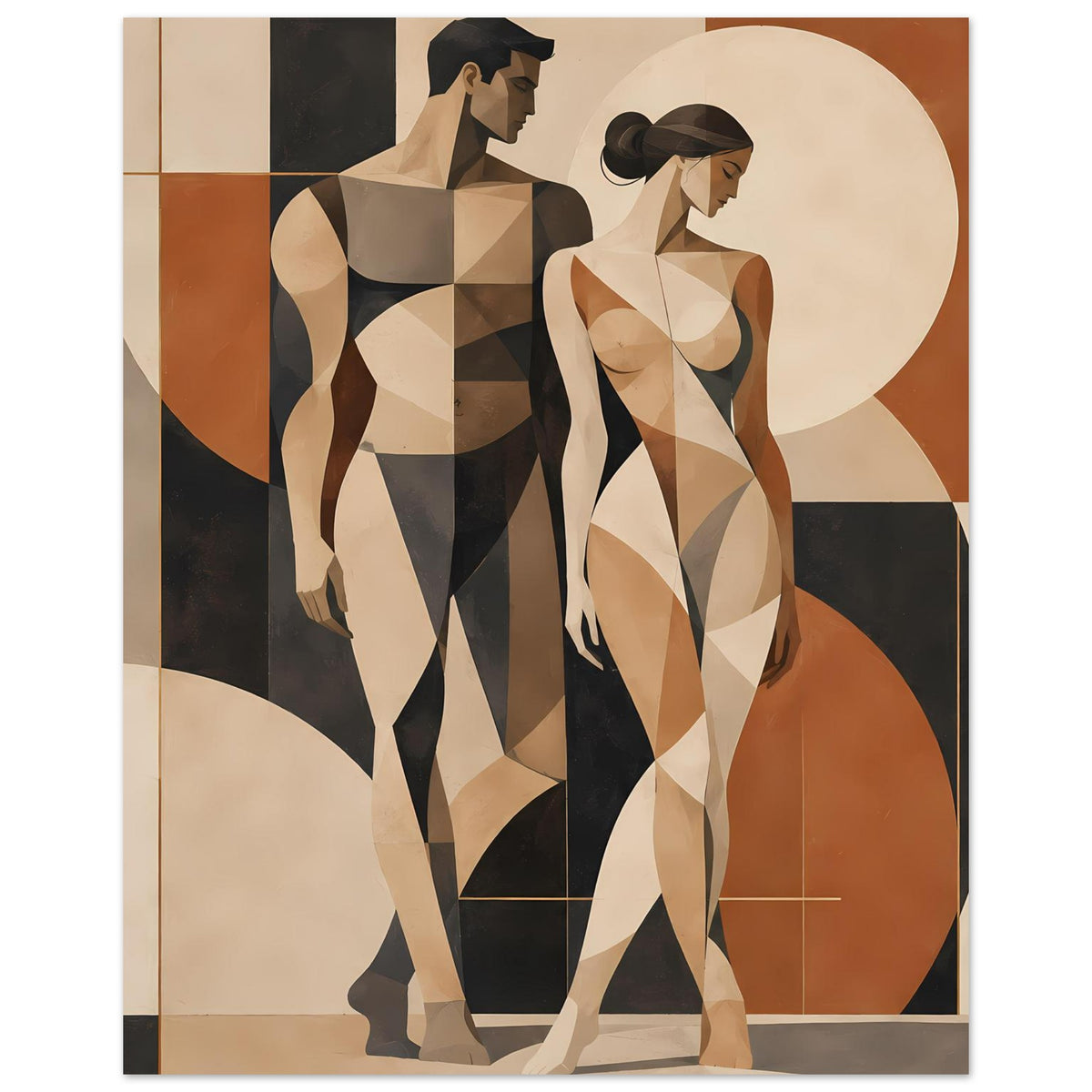 Kunstdruck mit kubistischen Aktenpaar-Figuren, beigen, braunen und dunklen Flächen im Posterdruck