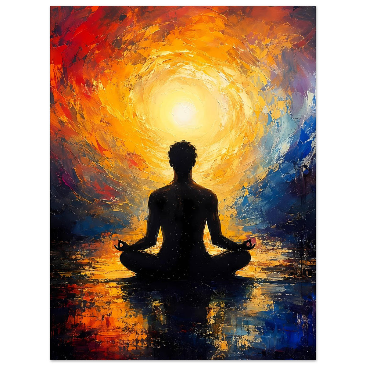 Zen-Poster im Hochformat: leuchtende Spirale um sitzende Silhouette im Zentrum