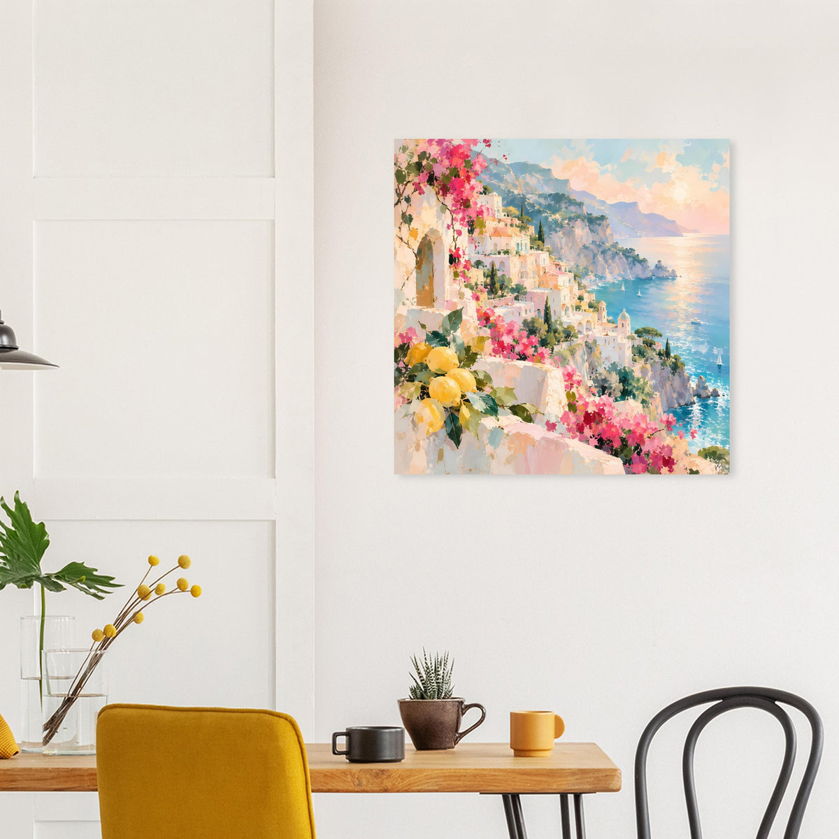 Quadratischer Posterdruck mit Treppe zur Küste, bunten Blumen und ruhigem Meer