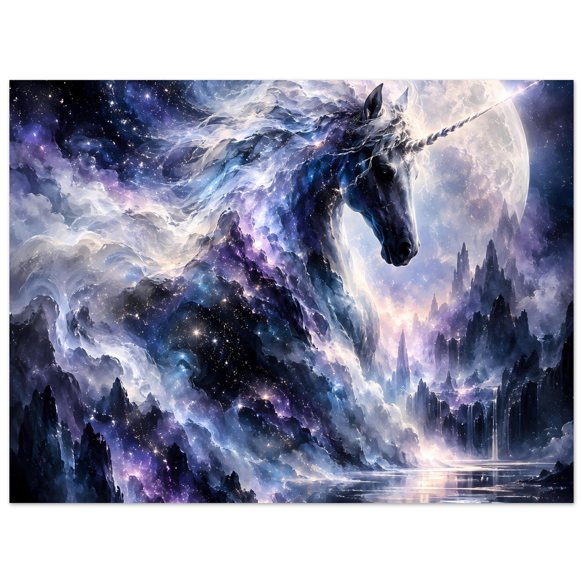 Unicorn-Galaxieposter: blaues Einhorn mit Schweif, Mondhimmel, ferne Türme am Wasser