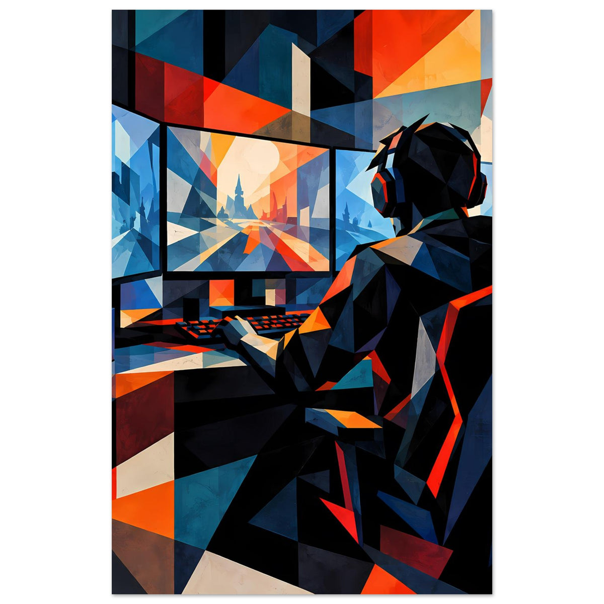 Gaming-Poster, Gamer am Computer in geometrischen Blau-Orange-Flächen