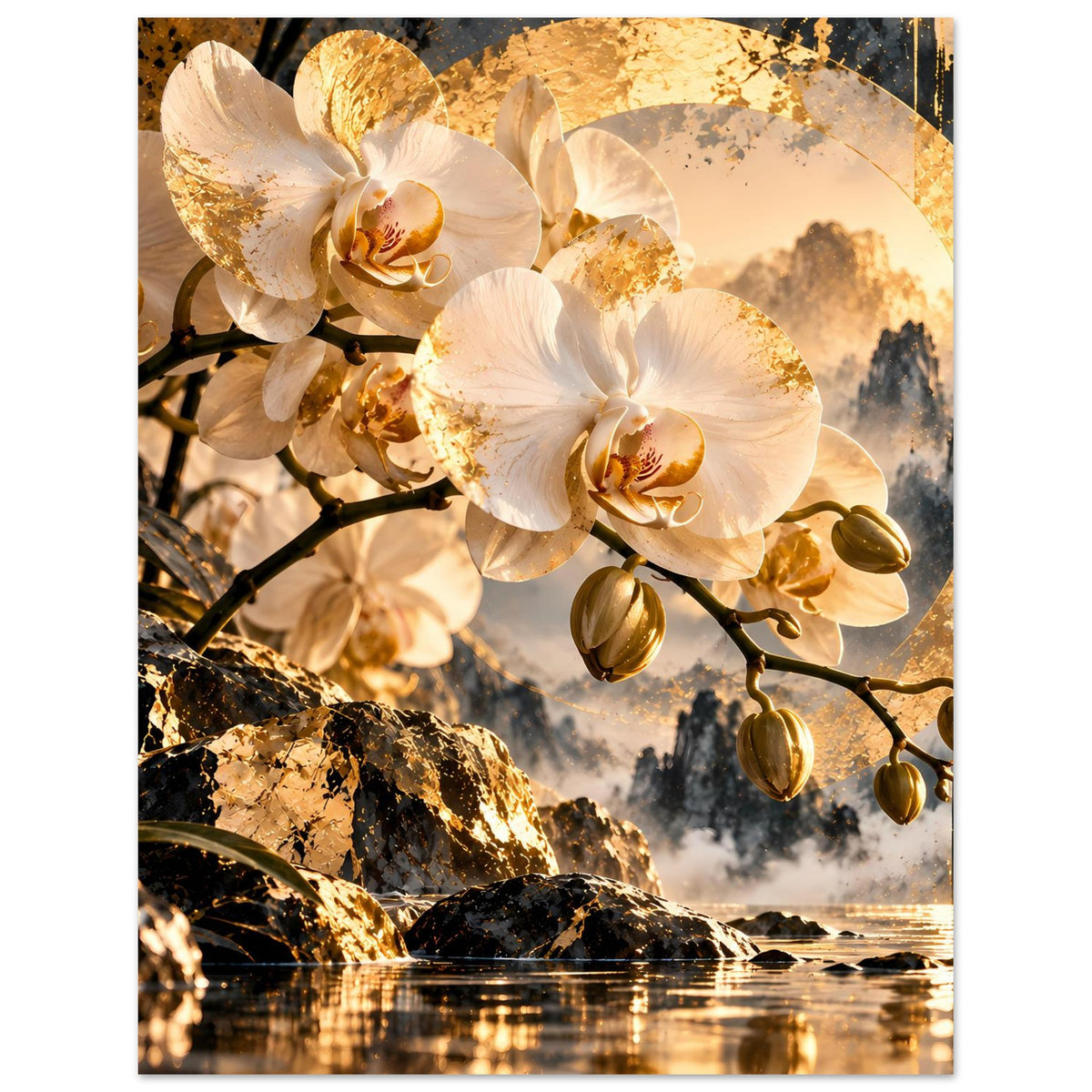 Orchideenposter mit weißen Orchideenblüten, goldener Kreisfläche und Steinküste mit Spiegelungen