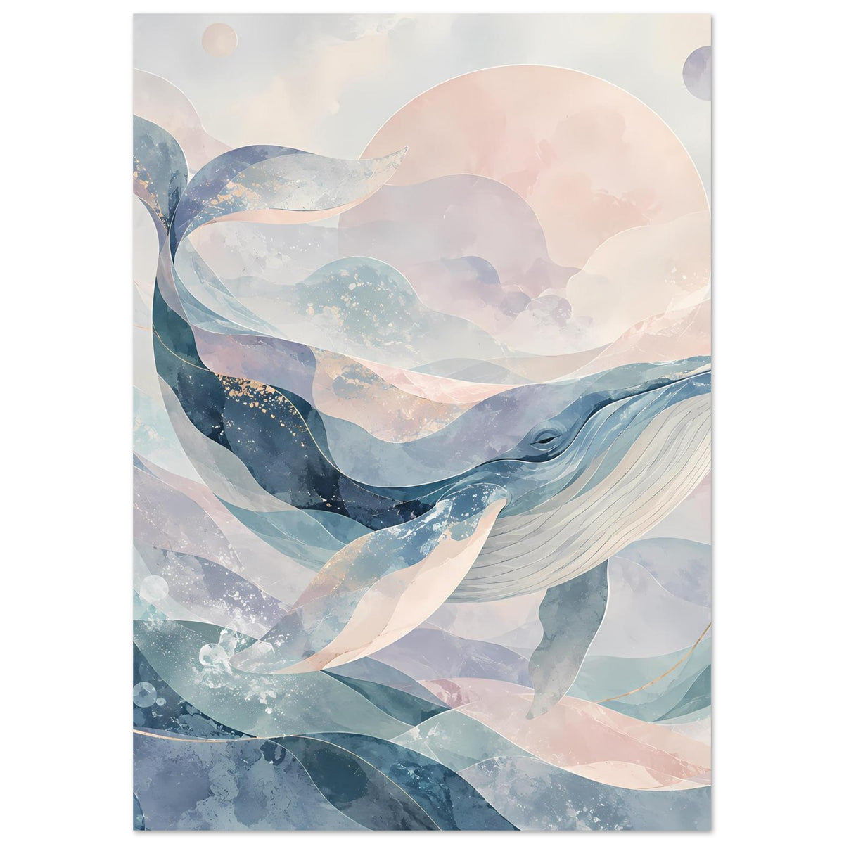 Wal-Kunstposter im Hochformat, abstrakte Walform in hellen Blau- und Rosatönen