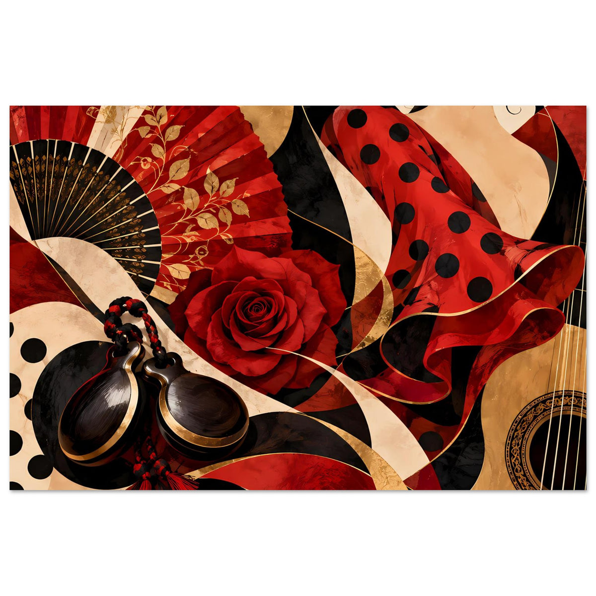 Flamenco-Eleganz Poster: Fächer links, Schmuck-Ohrringe unten, rote Rose und Polka-Dots