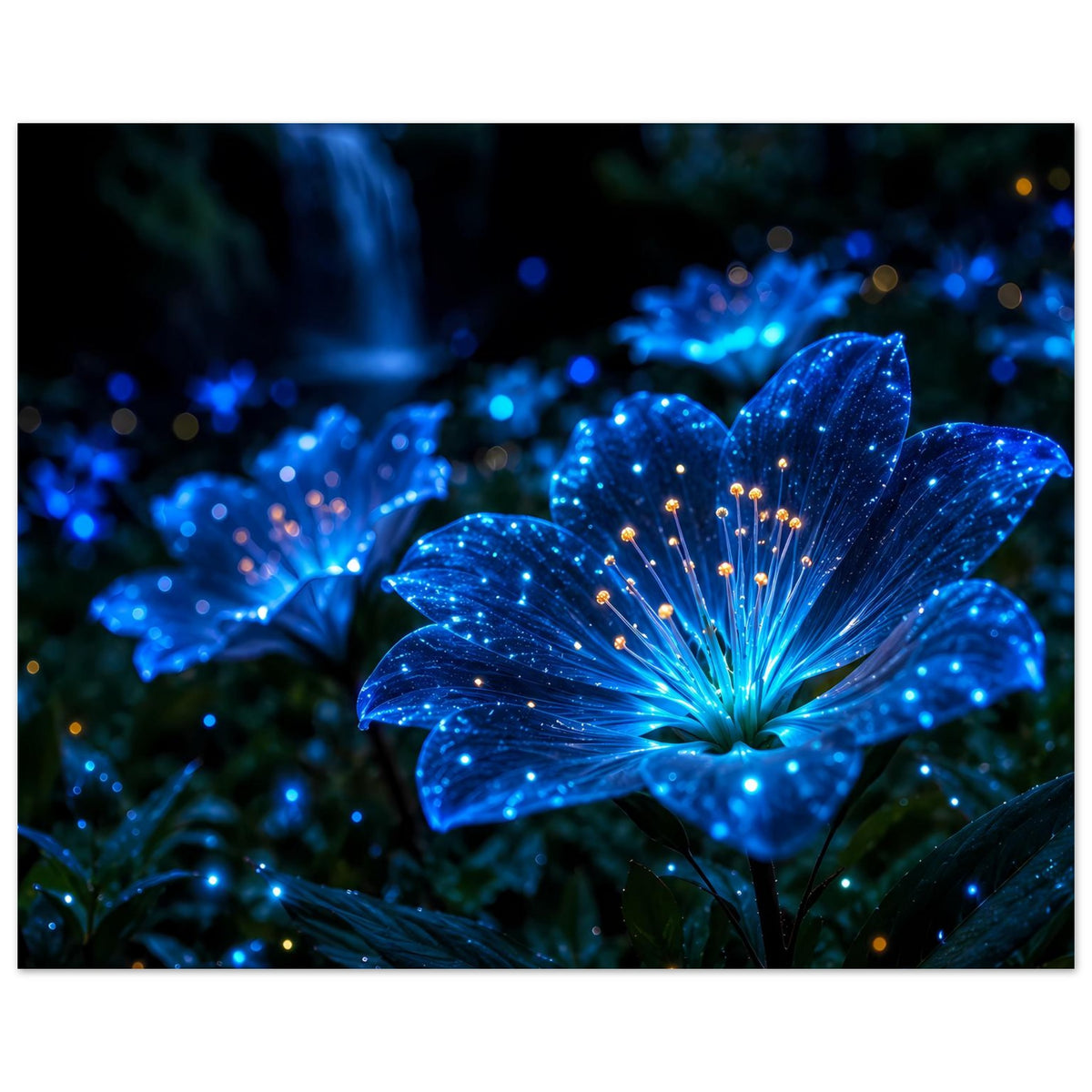 Poster mit blauen Glühblüten und sanft verschwommenen Lichtpunkten, Nachtstimmung