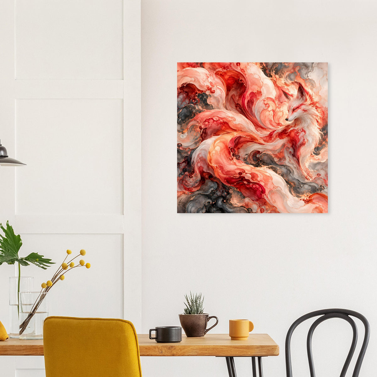 Kunstdruck mit abstrakter Fuchs-Komposition in Rot, Orange, Beige und dunklen Bereichen