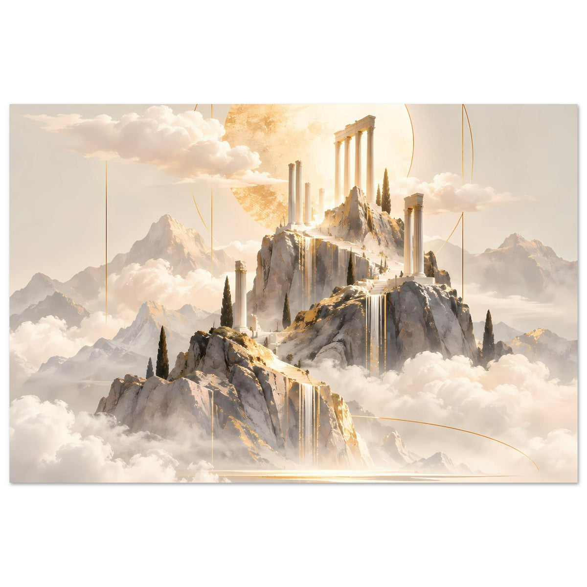 Horizontales Poster mit Tempel-Motiv, goldener Ring über Berggipfeln und Säulen
