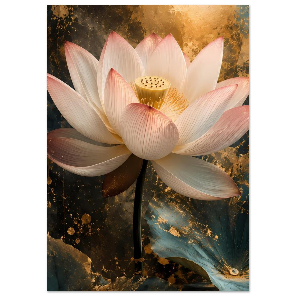 Poster mit großer Lotusblüte, weißen Blütenblättern, goldener Blütenmitte und rosa Akzent.