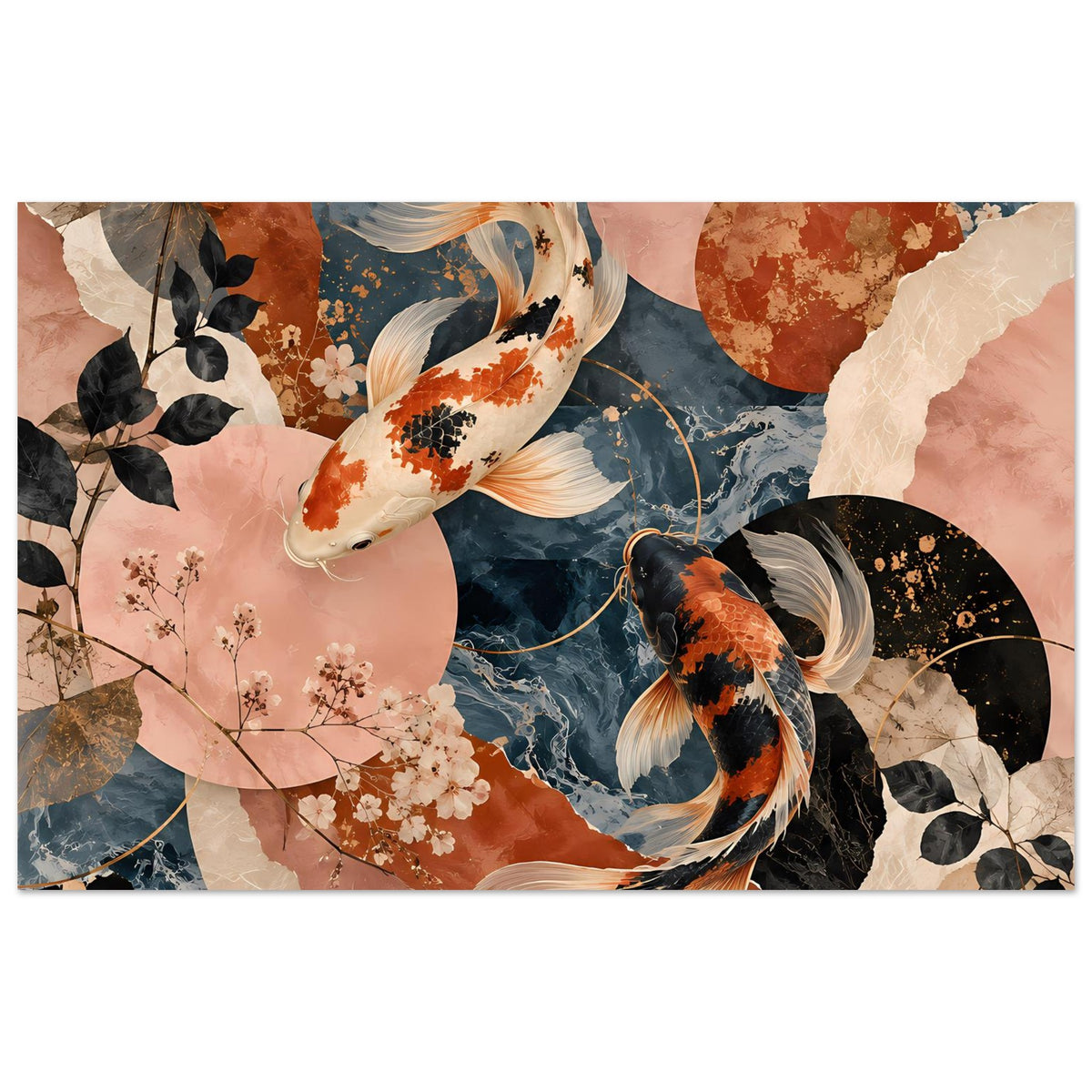 Koi-Fische-Poster im Querformat mit zwei Koi in Terrakotta- und Blautönen