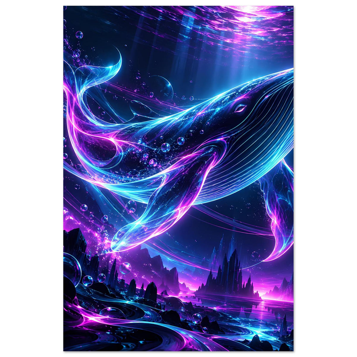 Neon-Wal Poster, leuchtendes Walmotiv in Pink und Blau mit Unterwasserlandschaft unten