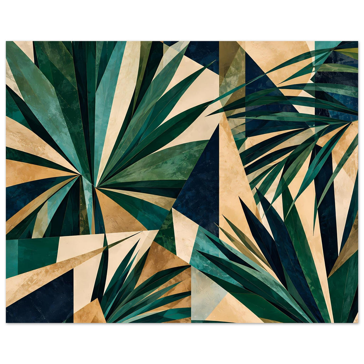 Kunstposter mit geometrischen Tropenblatt-Formen in tiefen Grüntönen und goldenen Akzenten
