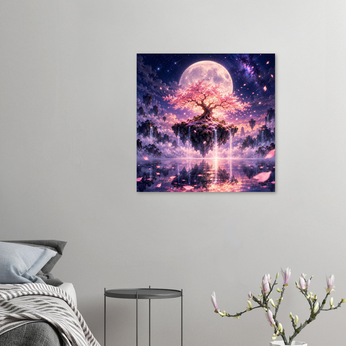 Kleines Poster: Kirschblütenbaum auf schwebender Insel mit Vollmond und Blütenlicht
