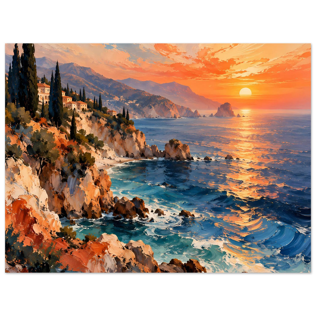 Querformat-Poster: Küste mit Klippen, Wellen und orangegelbem Sonnenuntergang