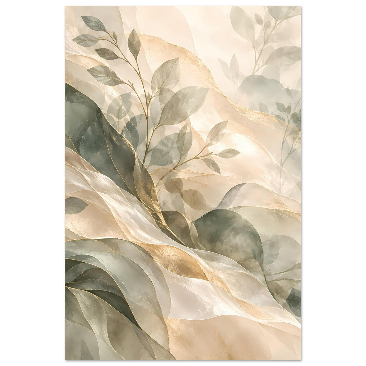 Botanisches Kunstposter mit Blättern in Salbeigrün, Creme und Gold, hochformatig