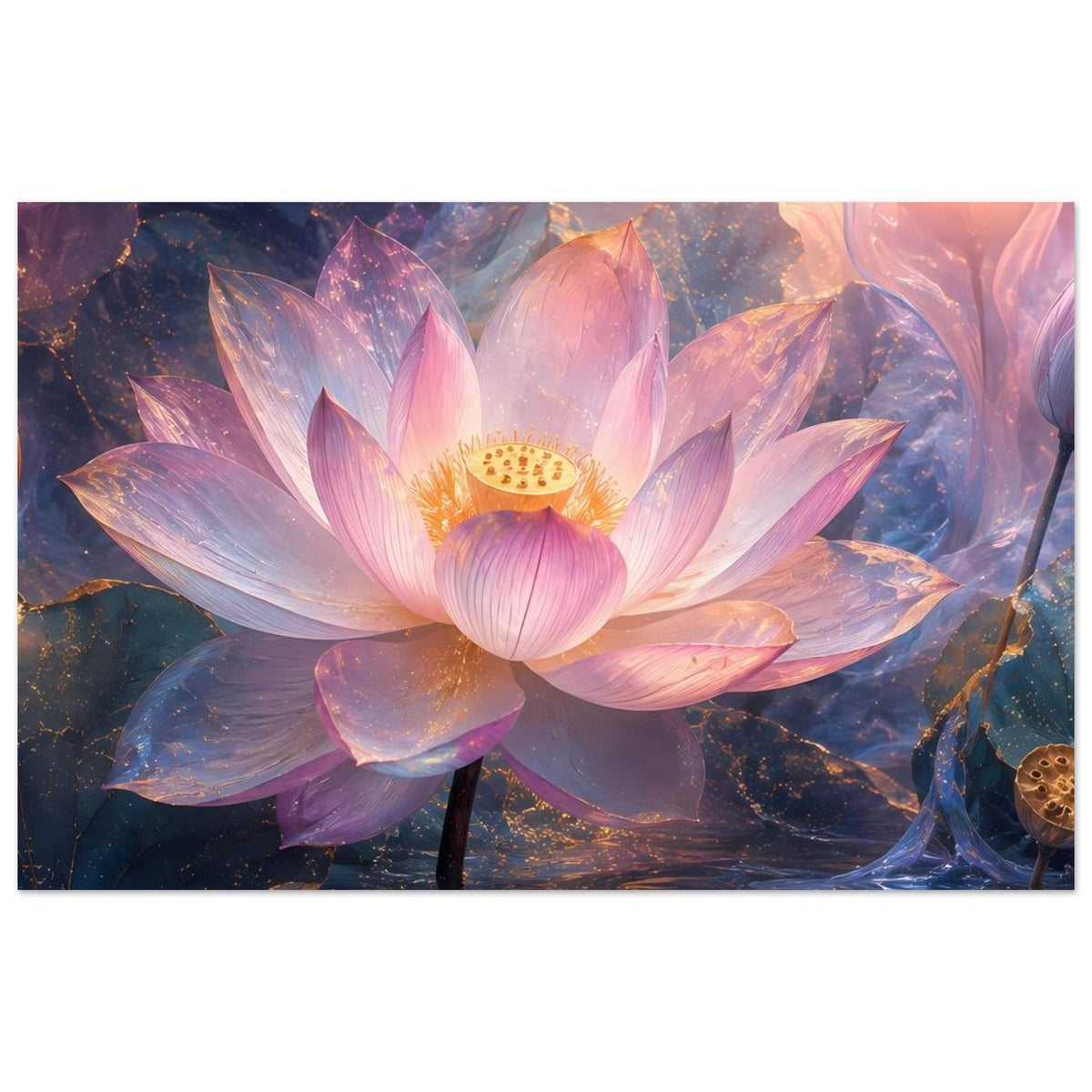 Lotusblüten-Poster, rosa-violette Blütenblätter mit goldener Mitte, Querformat