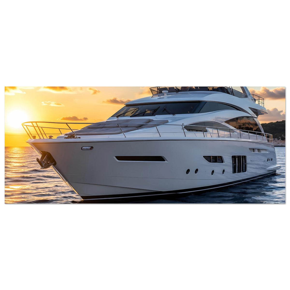 Breites Poster: weiße Yacht mit Deckaufbauten, Bug im Abendlicht, Blau-Gold-Farbstimmung