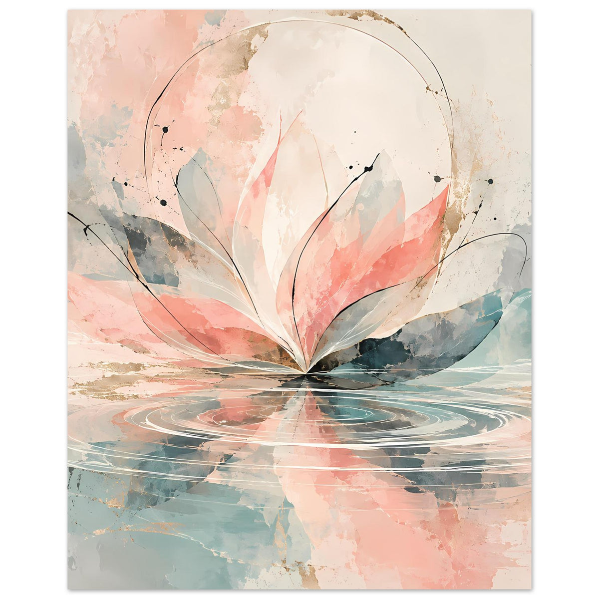Florales Kunstposter mit Aquarellblüte im Kreis, Rosa- und Blauschattierungen, feine Linien