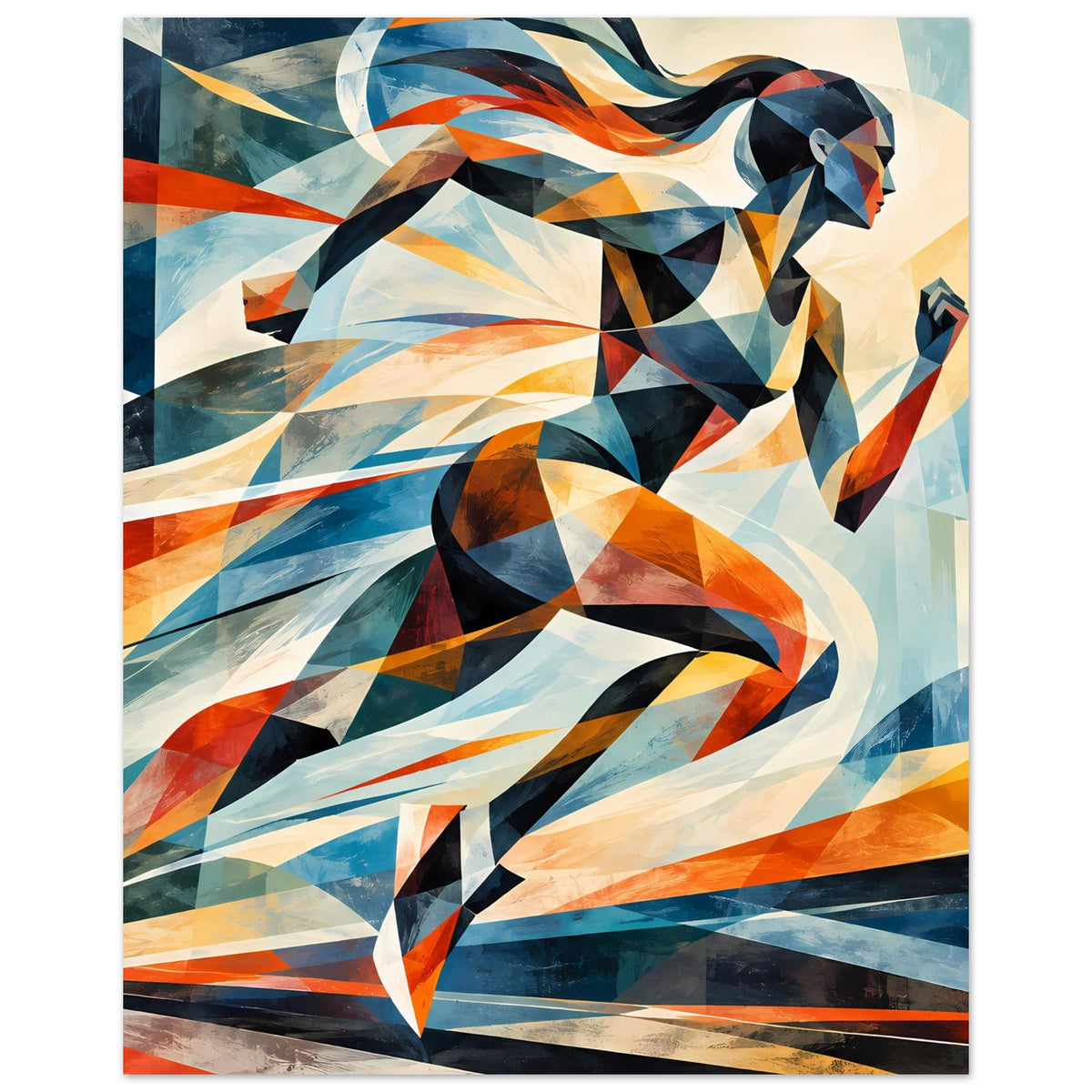 Abstraktes Läuferin-Poster, vertikal: geometrische Figur in Blau, Orange und Rot